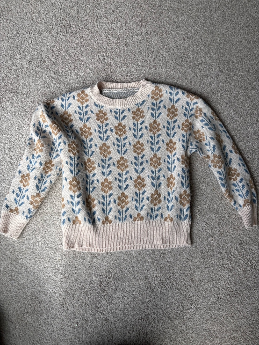 Floral Pattern Crewneck Sweater in Cream, Blue & Tan